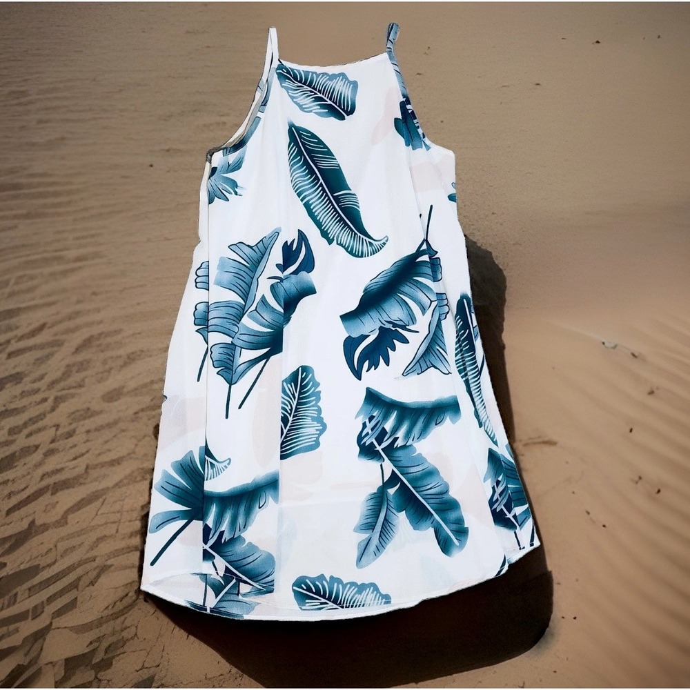 Tropical Print White Sleeveless Dress Women's XL Lightweight Casual Comfortable